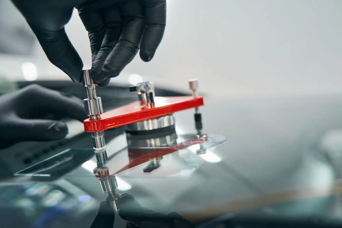 Technician carefully injecting resin into a rock chip using professional tools