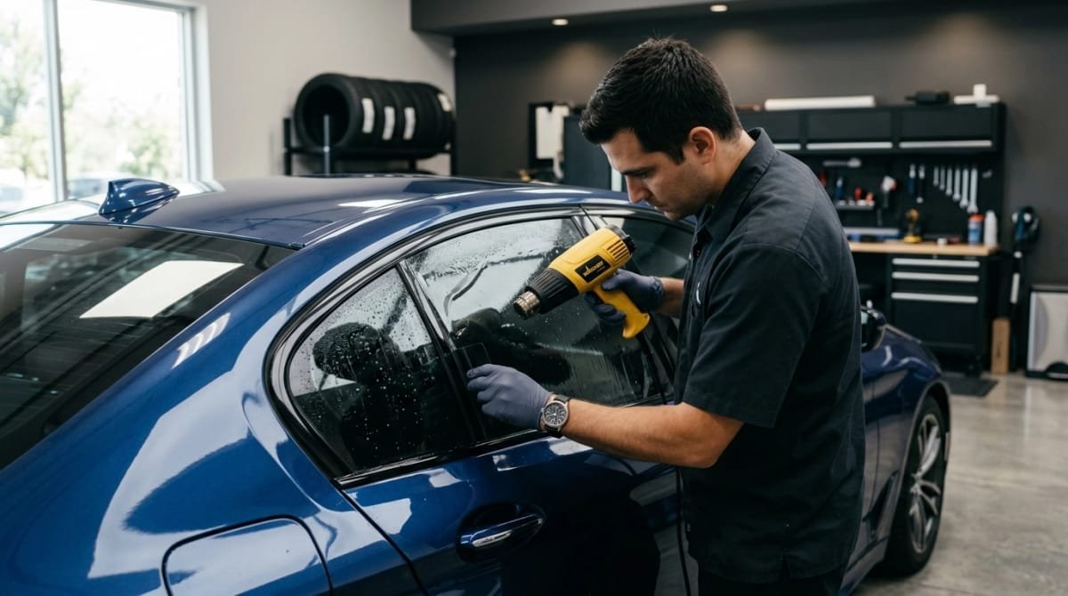 Technician carefully heat shrinking window tint film on a rear side window in a clean professional shop