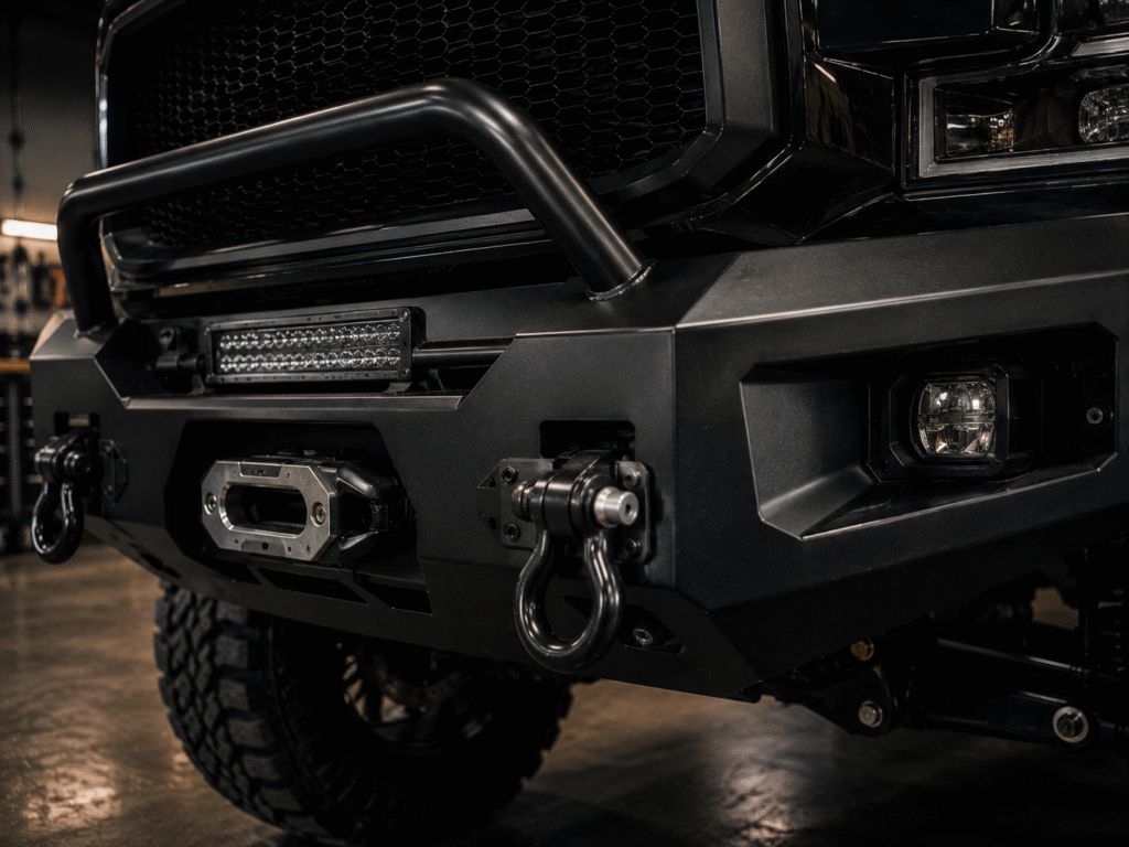 Close-up of aftermarket steel front bumper with winch mount, D-ring shackles, and light bar on a truck at Adams Auto Restyling in Windsor, CO
