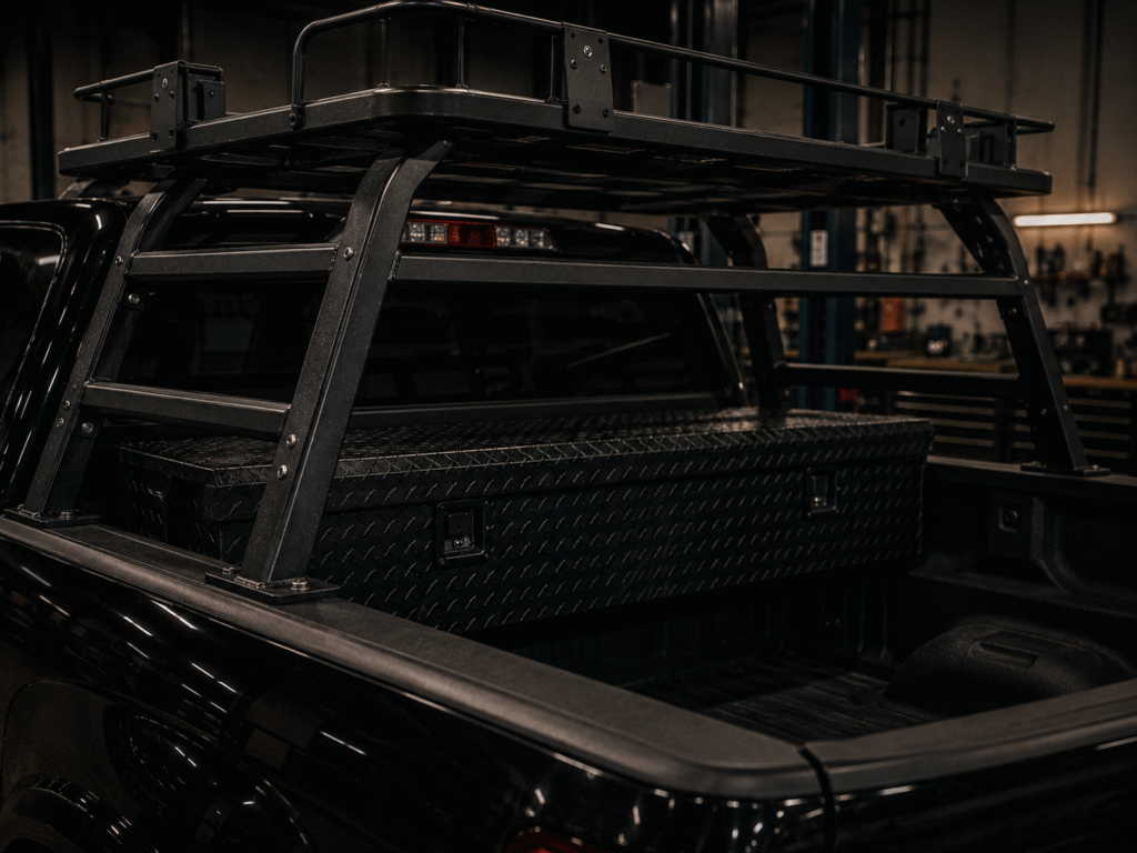 Steel bed rack, headache rack, and toolbox installed on a black truck at Adams Auto Restyling in Windsor, CO