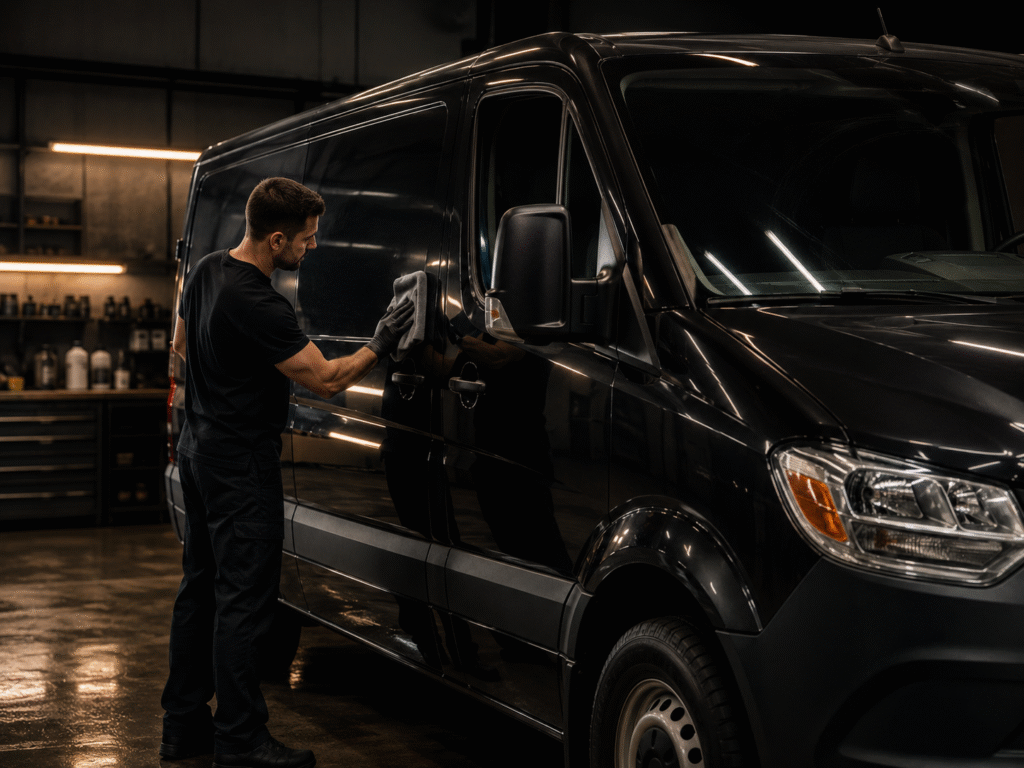Technician detailing a black commercial van inside a professional auto shop — fleet detailing service at Adams Auto Restyling in Windsor, CO