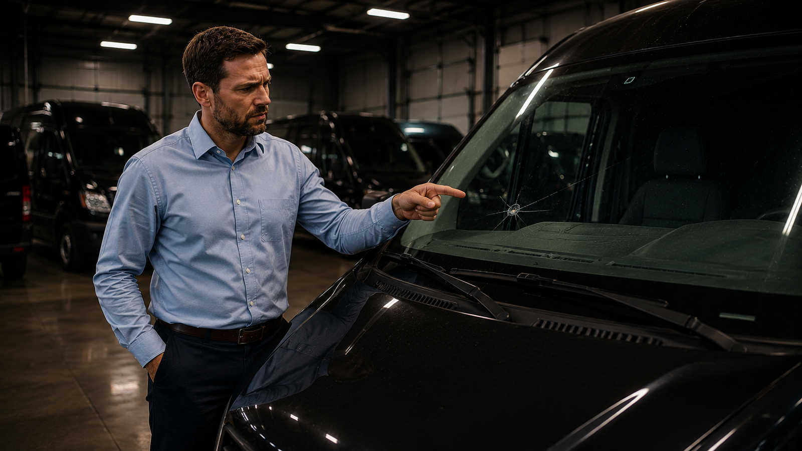 Fleet manager pointing at a rock chip on a commercial van windshield in a fleet yard — fleet rock chip repair service at Adams Auto Restyling in Windsor, CO