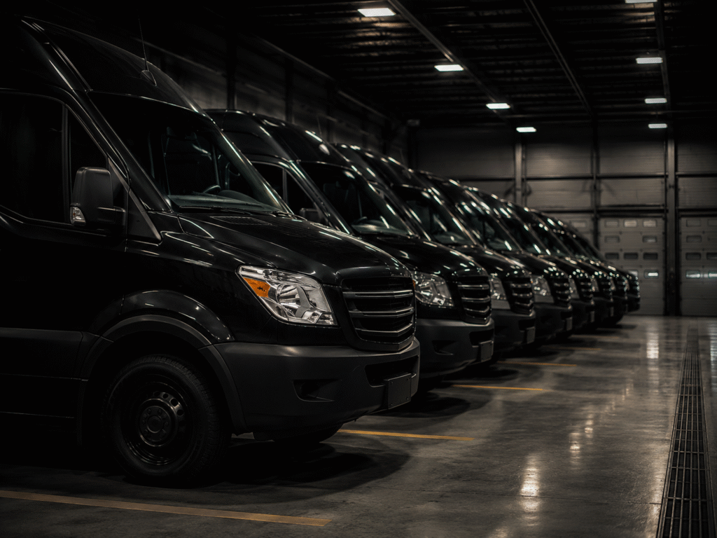 Row of commercial fleet vehicles parked inside a large garage — fleet detailing and window tint services at Adams Auto Restyling in Windsor, CO