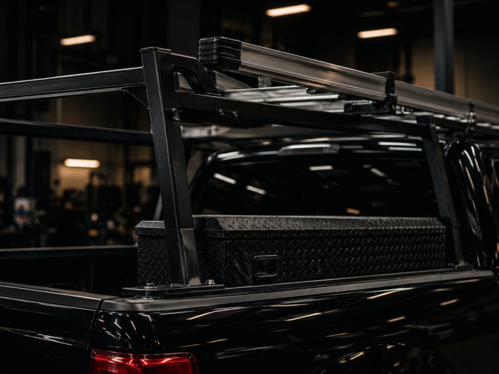 Steel ladder rack and toolbox installed on a black work truck — fleet vehicle upfitting service at Adams Auto Restyling in Windsor, CO