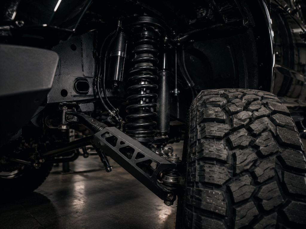 Close-up of aftermarket lift kit suspension components — coilover and control arm on a truck at Adams Auto Restyling in Windsor, CO