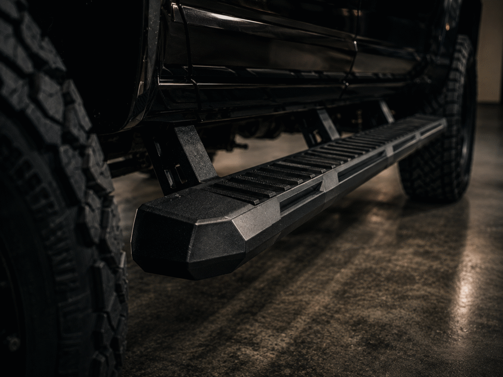 Close-up of aftermarket running boards installed on a lifted black truck at Adams Auto Restyling in Windsor, CO