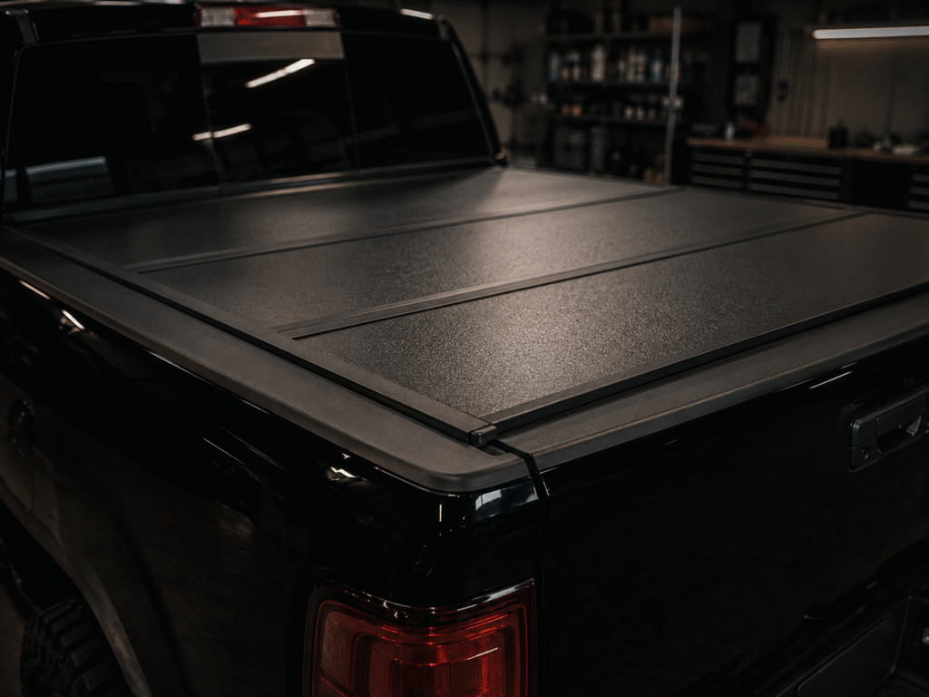 Hard folding tonneau bed cover installed on a black truck at Adams Auto Restyling in Windsor, CO
