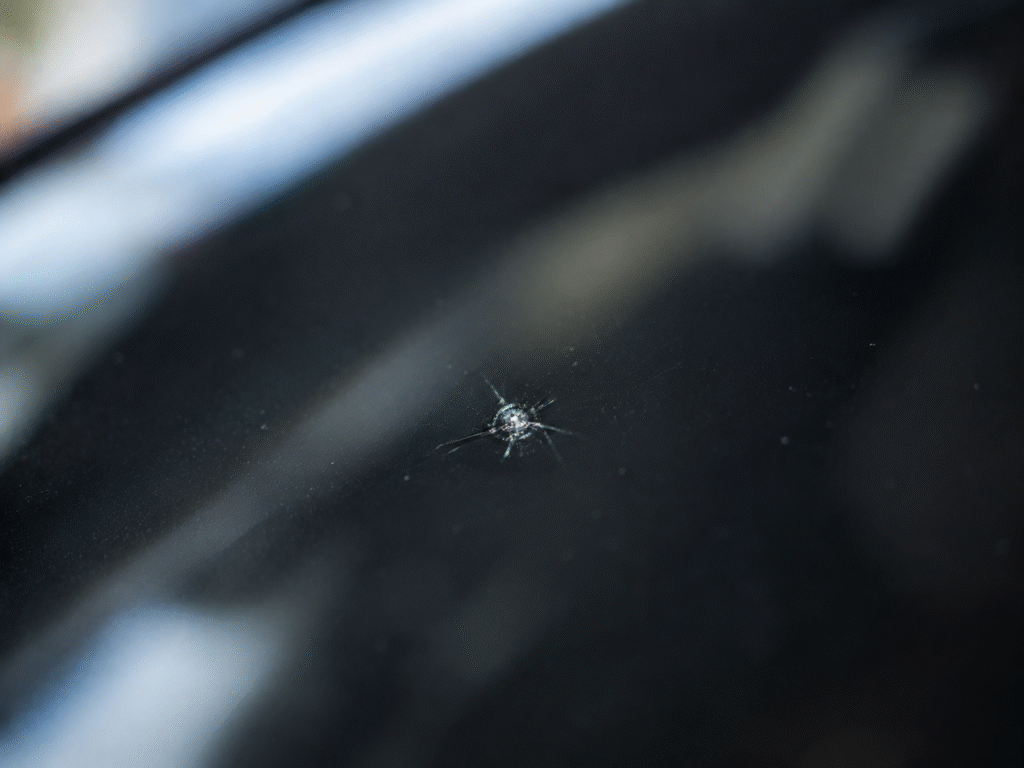 Close-up of a rock chip star break on a vehicle windshield — professional rock chip repair service at Adams Auto Restyling in Windsor, CO
